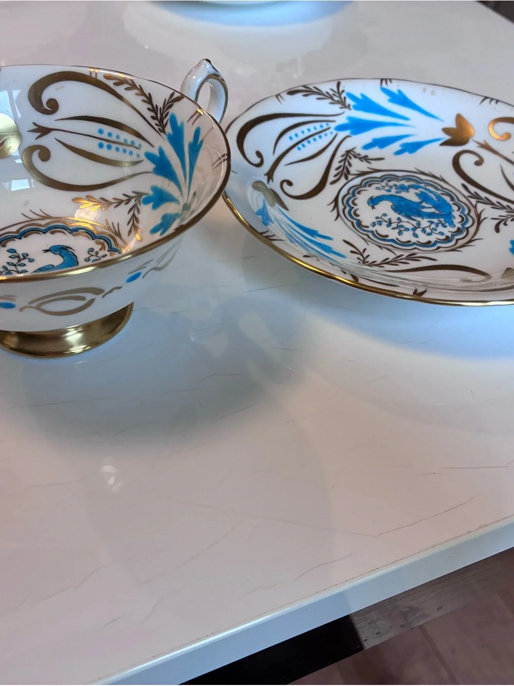 Royal Chelsea Blue & Gold Peacock Teacup and Saucer